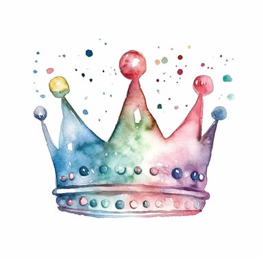 Clipart, watercolor, white background: A birthday crown adorned with glitter and jewels, making the birthday boy or girl feel like royalty on their special day.