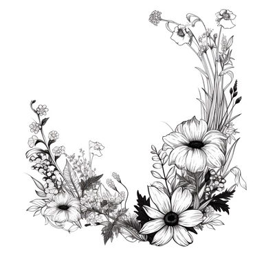 modern, minimalistic set of wildflowers in the shape of one giant L shape corner of the image frame, in the style of hand-drawing black and white on a clean white background, wedding clipart flowers