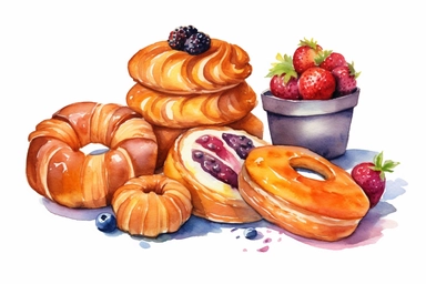 Watercolor, Pastries, Baked goods, clipart, hd, on a white background, spaced out