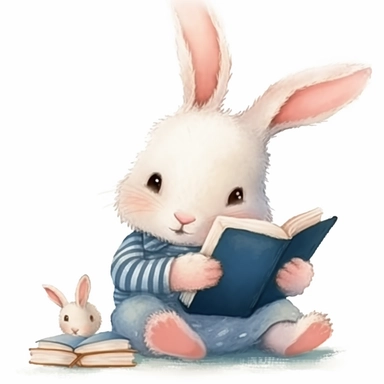 Cute big rabbit wear blue shirt read a story book to cute small bunny wear pink shirt clipart,smile expression,sitting pose, front side view, in the style of watercolor cartoon clipart, beatrix potter style,pixar style, high resolution, composition free space, pastel color scheme, soft and tender, watercolour clipart, watercolor illlustration for kids and children,isolated white background, clipart most popular on etsy, book illustration, featured on dribble,print on demand image, PNG tranparent