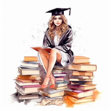 beautiful cartoon graduation girl sitting over the huge pile of books clipart, fashionista, it girl, social media art, feminine sticker art, wears cap and cloak, woman empower, clear distinct with the white background, watercolor, no comment, 8k