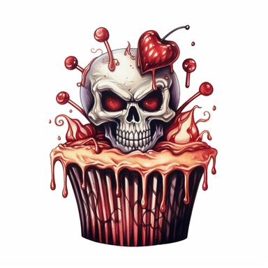 delicious halloween cupcake with queen of hearts, watercolour illustration clipart, extremely detailed, 4k, high quality, colour scheme black, red and white , , isolated on white background - <@1098423716465102849> (relaxed) - <@1098423716465102849> (rela