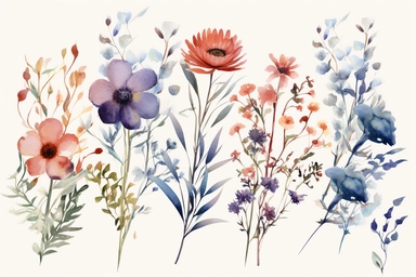 enchanted RED AND BLUE flowers ARRANGMENTS, WATERCOLOR HAND PAINTED clipart, WATERCOLOR AIRY PASTEL COLORS, VISIBLE WATERCOLOR BRUSH TOUCHES, WATERCOLOR SPLASHESD, DREAMY AND ELEGANT, COLORFUL DREAMY FLOWERS, white background, WATERCOLOR 8k,