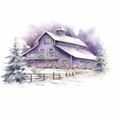 vector watercolor close up purple and silver winter christmas barn decorated in Christmas style decor in winter clipart on white background, close up view, winter christmas barn, purple and silver Christmas color scheme, photorealistic, ultrarealistic, no background, on white