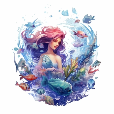 under water sea world a mermaid swimming with other creatures like fish squid starfish coral leaves, vector, clipart, animation style, digital painting, water color, lighting effect, iltra realistic, highly detailed, volumetric lighting 8k, 32-bit, classical fantasy,white background