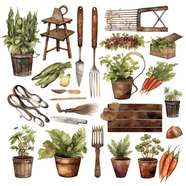 watercolor garden tools,Country farm gardening,Farmhouse decor clipart,vegetable,flower,Vintage rusty element. clip art