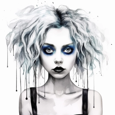 Beautiful pretty young woman tim Burton films style, paint art style, detail, clipart, white background, superrealistic, one of a kind