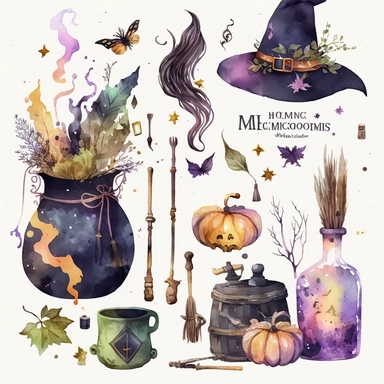 Watercolor Magic School Clipart / Witch and Wizard Supplies, Halloween Clipart, Wands and Broomstick, Pociones, Keys Clipart, PNG DIY