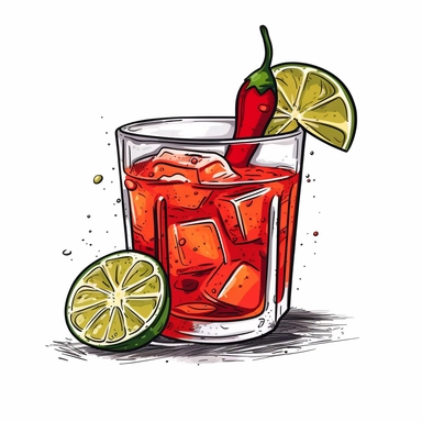 white background on the foreground is a rocks glass with ice and a spicy skinny margarita with a lime, slice wedge on the rim of the glass outside leaning against the rocks glass is a red chili pepper, in the style of clipart, simple sketch style