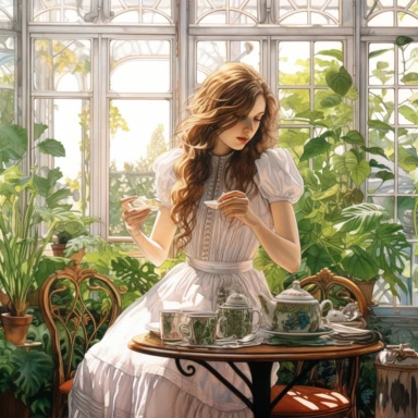 watercolor, hyper realistic, white background, white margins, 16k, ultra detailed clipart, cut out image, hand-drawn a Victorian pretty girl having tea amidst a botanical conservatory, surrounded by exotic plants, hanging vines, and large glass windows.