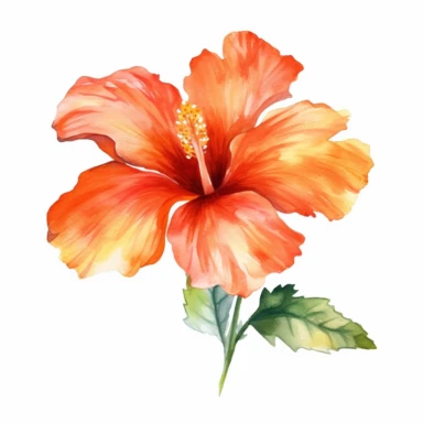 Orange hibiscus watercolor clipart, minimalist, bright colors, isolated white background, 8k