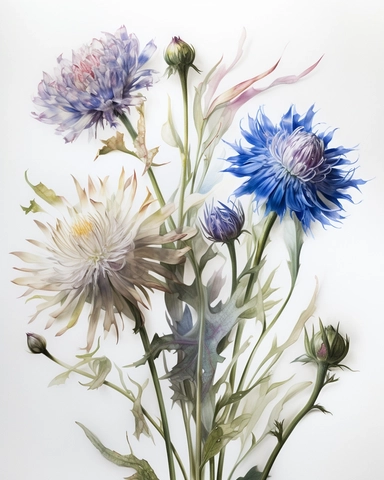 Watercolor Painting of Bachelor's Button FLOWERS on white background beautiful multi - headed pale, Flora Design Patterns, Flemish Baroque by Rachel Ruysch, Behance, Rococo, Intricate Detailed, Soft Light Effect, Oil Paint Strokes, Light Academia Aesthetic Flowers, Lighting cinematic, all shown shimmering stamens, tyndall light, light effect, texture, colorful, 8k, fantasy, ray tracing, depth of field, vivid, spectacular lighting, octane rendering, highly detailed, ultra - realistic, white backg