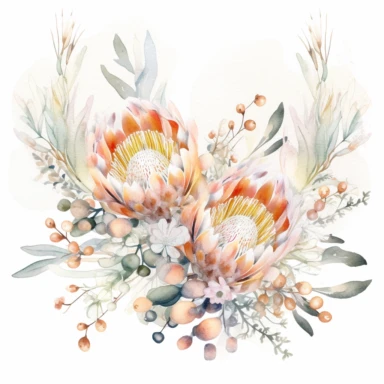 Australian native flower banksia arrangments watercolor premade border, white simple background, no grass or green ground in the scene, no sky, pale watery color, hand painted original, pastel colors, Watercolor Flowers Clipart, airy dreamy pale color, modern minimal v 4