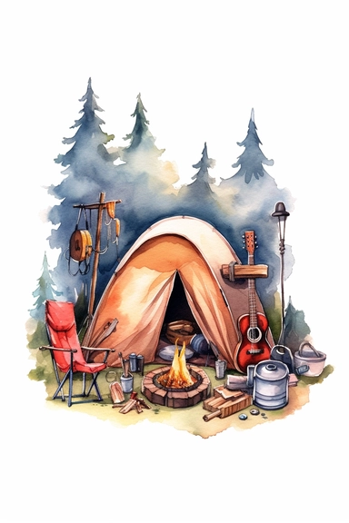 create a hand drawn watercolor clipart depicting campfire surrounded by tent, camping gear, and people enjoying the warmth of the fire, 4k,