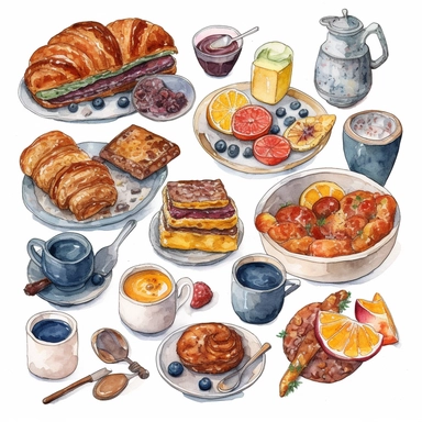 breakfast food objects isolated on white background, watercolor Clipart Collection, high quality intricate detailed illustrations in naive drawing style, delicate pencil texture, dotted texture, intense vivid colors, burnt sienna and indigo, panasonic lumix s pro 50mm f/ 1. 4, rough clusters, strong use of contrast