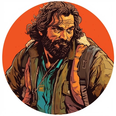 A circular tondo depicting a Dungeons & Dragons character lightly-armored African-heritage human weathered grungy hobo badass Arabian-style survivalist ranger warrior, Mike Allred Josh Kirby Mad Max Lord of the Rings, handpainted retrowave, clipart illustration, circle solid background