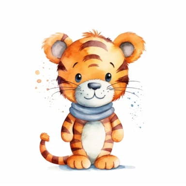 a colorful tigger with kind eyes clipart with watercolor illustration,full body shot,8k,etsy style, white background