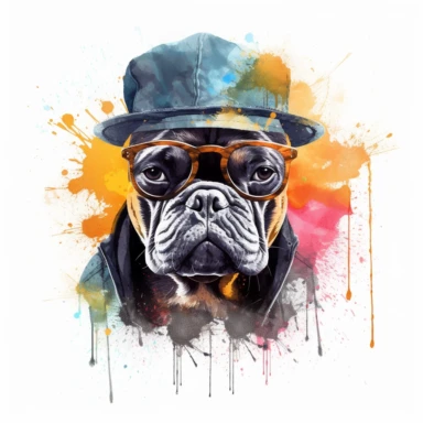 mafia boss french bulldog, watercolor clipart, minimalist, bright colors, isolated white background, 8k
