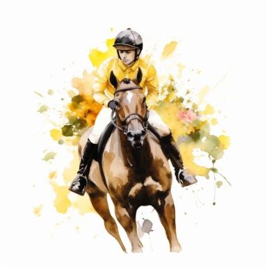 ace horse, with jockey, with yellow flowers water color, white backhround, clipart