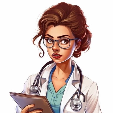 UHD, 8k, illustration postcard, cartoon clipart of an RN with a stethoscope around her neck, holding a clipboard, epic facial expression, up-close, isolated on a white background, aspect 7:4