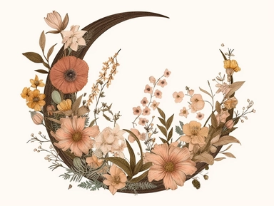 vintage pressed flowers, in a crescent moon shape, for a T-shirt graphic, minimalist, white background with margins, clipart style