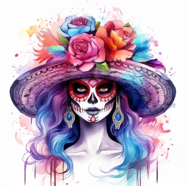 Day of the dead la catrina in the style of water color painting, vibrant colors, on a white background style by Lucy Fleming, watercolor, smooth gradients, black contour outline, ultra detailed, clipart elements, delicate pastel colors, solid white background, super clear, high quality