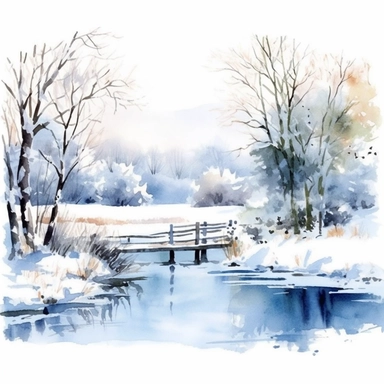 paint a serene winter landscape with snow-covered trees watercolor clipart, a frozen pond, and a soft blue sky. Add elements like ice skaters, snowflakes, or a horse-drawn sleigh for a picturesque touch, on a white background