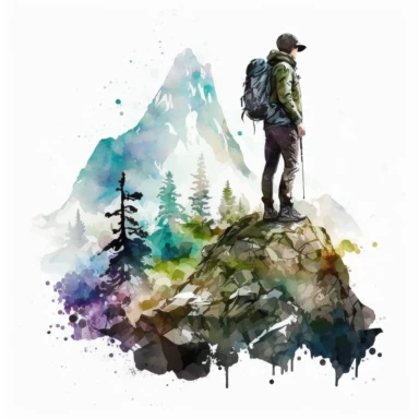 clipart, watercolor, hiker at the top of a beautiful landscape, clean white background