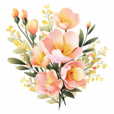Pastel color pink. Yellow. Freesia flowers are decorated with eucalyptus leaves. Flowers and leaves of various shapes were intertwined. Clip art