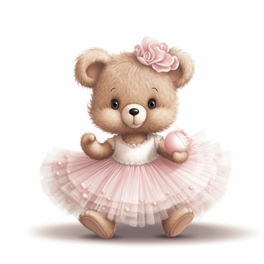 Adorable cute fantasy Teddy bear dressed like a French ballerina, nursery art, clipart image, lineart image, white background, very detailed, 8k