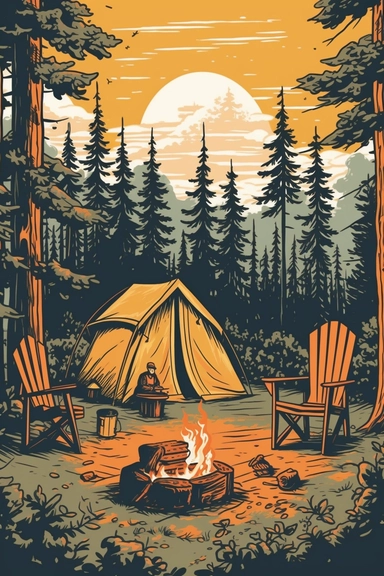 camping scene with campfire, chairs, and tent in the woods during the summer months. vector clip art illustration, detailed, rustic