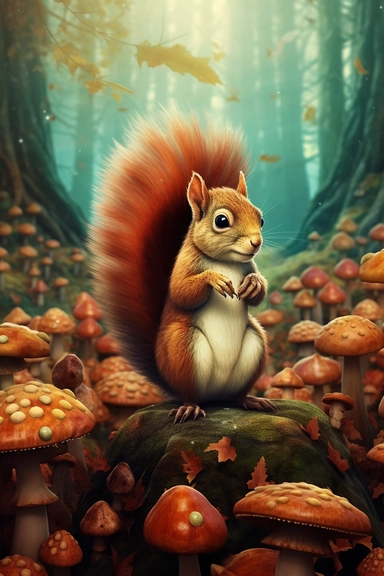 SURREAL cartoon squirrel with a mountain of acorns, painted in autumnal hues, amidst a forest scene. Detailed watercolor, clip art, cartoon, 8k