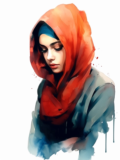 shy girl with hijab, watercolor, pose, white background, clipart