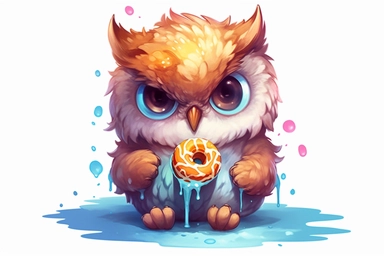 cute anime baby owl eating multi-color donut clipart, hd, on white background, spaced out