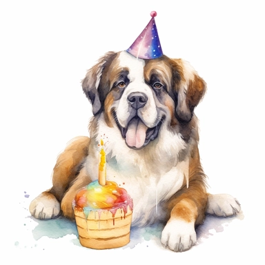 watercolor, clip art, a St. Bernard dog wearing a party hat and eating cake, birthday, happy face, isolated on a white background