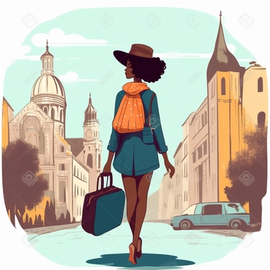 clipart of african american woman traveling through europe. white background