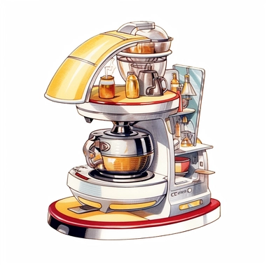watercolor and ink styling, retro futuristic space age kitchen juicer, clipart on plain white background, 50s vibes, super high detail ultra precision 16k HD, clean crisp brushwork, painted by Beatrix Potter