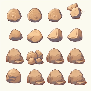 simple desert boulders, top down video game asset, isolated figures, hand drawn, level art, atmospheric effects, spatial concept art, muralist, clipart, ps1 graphics, deconstructed objects, 2d, plain background