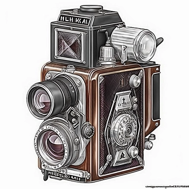 analytic drawing , ornamental watercolor, clipart, vintage rolleiflex camera, white background, no background,