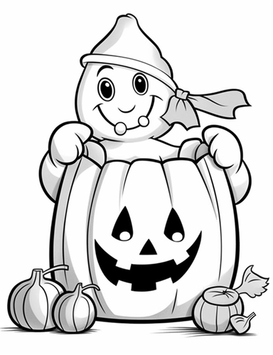 clipart cartoon Trick-or-treat bag with candy in the style of Pierre-Auguste Renior black and white child's coloring book, black and white smooth thick lines, solid white background, no background