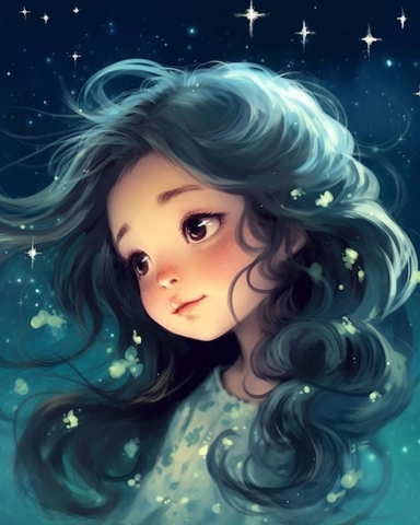 a portrait of a cute little girl with a luminous dress, eyes shut, mouth closed, long hair, wind, sky, clouds, the moon, moonlight, stars, universe, fireflies, butterflies, watercolor clipart,