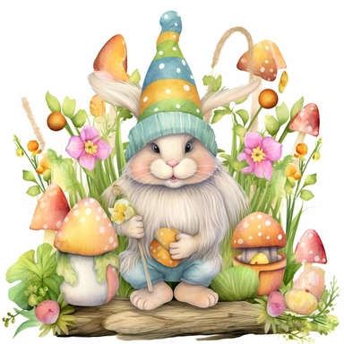 easter bunny gnome clipart pictures, free to download for commercial use, in the style of eclectic collages, carved wood blocks, mandy disher, two dimensional, decorative borders, luminous watercolors, dye-transfer