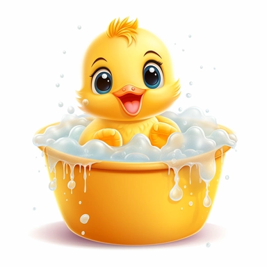 clipart, cute kawaii baby duck in a bathtub of full of bubbles, isolated on a white background, cartoon style, chibi style, vector, 3D, no shadows