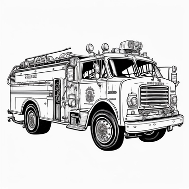 FIRETRUCK , clipart, logo, black and white, no noise, outline art, coloring page for kids , no black background , on white background