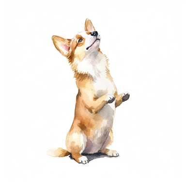 A corgi standing on its hind legs begging for a treat clipart, white background, watercolor drawing