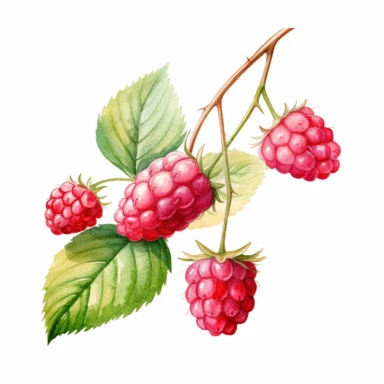 An enchanting raspberry watercolor clipart illustration with a white background, featuring a scattering of raspberries on a leafy branch, the illustration captures the delicate balance between the bright red berries and the vibrant green leaves, invoking a sense of freshness and natural beauty, Illustration, watercolor painting, 300DPI