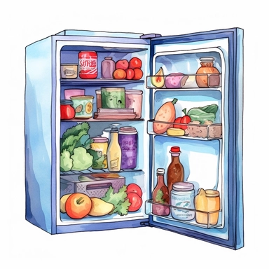fridge, illustration, extremely detailed, illustration clipart, on white background, watercolor