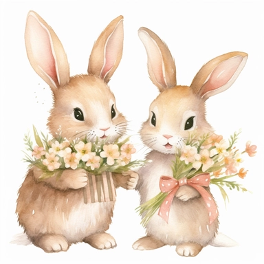 A heartwarming and enchanting collection of watercolor bunny holding flowers clipart, featuring adorable hand-painted bunnies lovingly cradling bouquets of lush flowers. Each bunny is rendered in soft, natural hues that showcase their delightful expressio