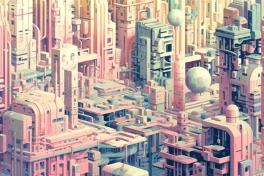 a close up of a infinite loop cyberpunk city on a white background, james gilleard and james jean, escher, trending on artisation, connectedness, scutoid, mit technology review, by Sam Spratt, dan mcpharlin : : ornate, wormholes, tetris, monolithic, stylized stl, clipart icon, simple 4 colors from gray to metalic blue, vector-based, sharp border, plane color and very define, high quality, digital art, 8k resolution, masterpiece, congruent, amazing, incredible, awe-inspiring, mind-blowing, master