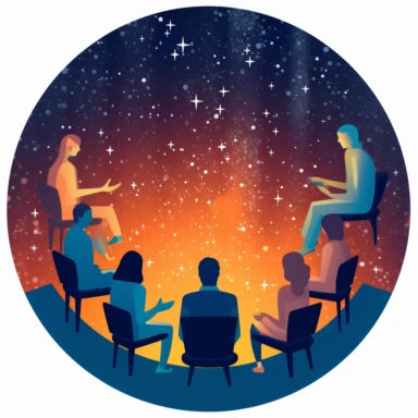 a clipart style image showing an aerial view of human figures sitting in a circle having a conversation. The background is a galaxy starscape - @mtaveras (fast)